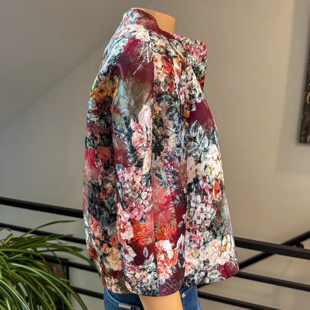 Vintage Blue Les Copains Jacquard Crop Floral Evening Jacket, Size US 8 / M / 44